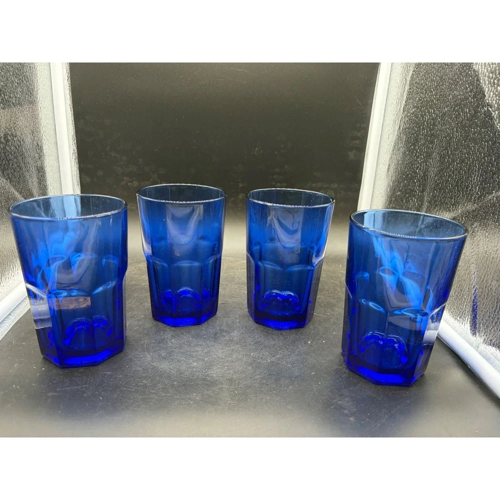 Crisa Cobalt Blue Glass Tumblers Set of 4 Octagonal Base Drinking Glasses 5.5in